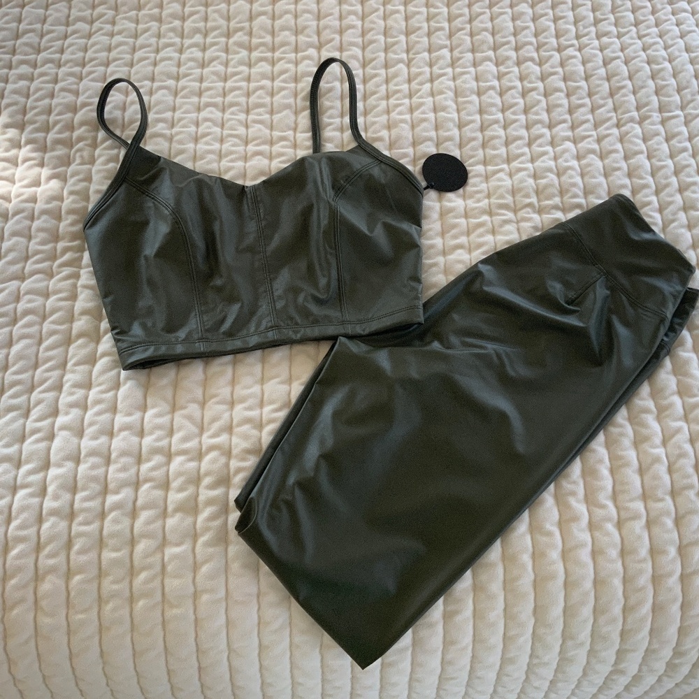 aerie faux leather sport bra and matching leggins NWT